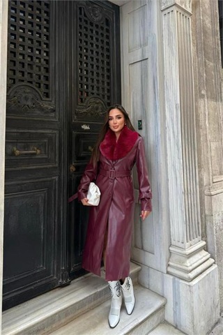 Neşeli Butik Kadın Yaka Çıkarılabilir Kürk Detaylı Düğmeli Deri Trençkot Nbstr1001 Bordo