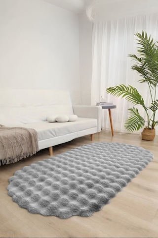 Oval Bubble Peluş Yumuşak Kaymaz Salon Oturma Odası Balkon Halısı Yolluk Gri