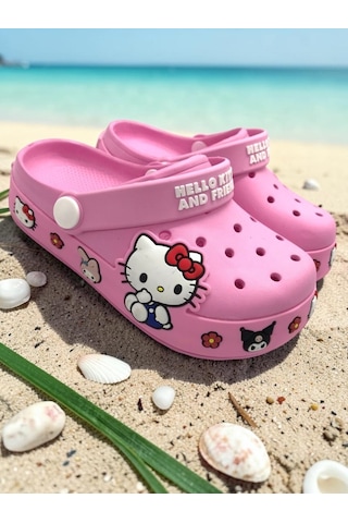 Ellaboni Kız Çocuk Pembe Kitty Kromi Figürlü Kaymaz Taban Terlik Havuz Plaj Deniz Sandaleti