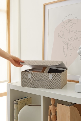 Ocean Home Textile Çekmece İçi Bej Renk Dokulu Kumaş Kapaklı Kutu 30 x 23 x 11 cm