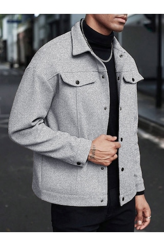 25 Avrupa Ve Amerikan Amazon Sonbahar Ve Kış Yaka Yünlü Yeni Erkek Ceket Gündelik İş Ceketi Açık Gri