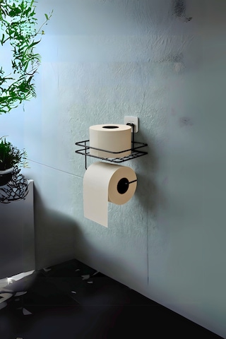 Buççin Online Mağaza Siyah Metal Yapışkanlı Tuvalet Kağıdı Tutucu Raflı Modern Banyo Aksesuarı Metal Tuvalet Kağıtlık M Çok Renkli