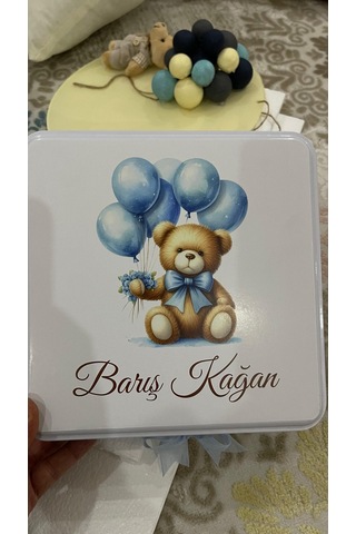 Yenidoğan Ayıcıklı Balonlu Kare Kutu Etiketi 1 Adet -arl Etiket Tasarım Beyaz