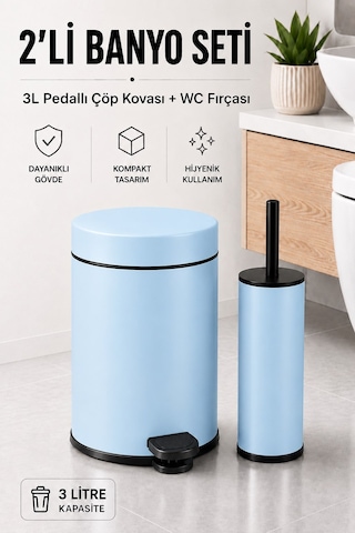 Sas Haus Pedallı Çöp Kovası 3 Litre İç Kovalı Kapaklı Tuvalet Fırçalı Banyo Seti Krom - Titan 7103 Mavi