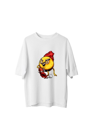 Paybuy Kadın Oversize Tişört Kısa Kol Yuvarlak Yaka Cartoon Patates Skat Beyaz