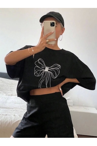 Modi Baskılı Oversize T-shirt - Siyah Açık Siyah