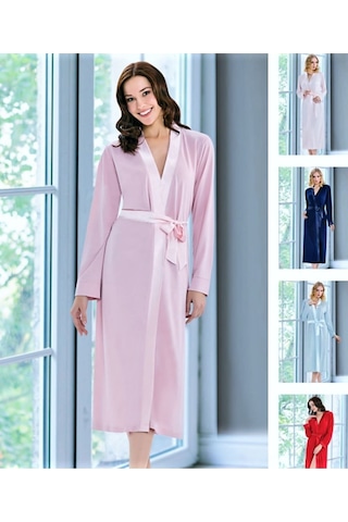 Saten Detaylı Bağlamalı Uzun Sabahlık Ekru