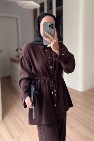 Ka Hijab Çıtçıt Detay Beli Büzgülü Takım - Kahverengi