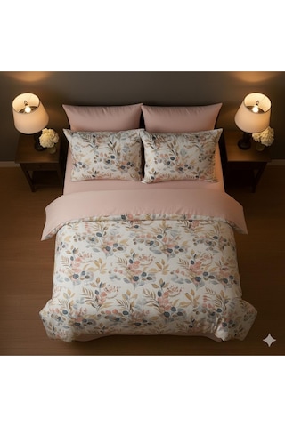 Mystory Home Lastikli Çarşaflı Çift Kişilik Nevresim Takımı Okaliptus Pembe Kahverengi - Pembe