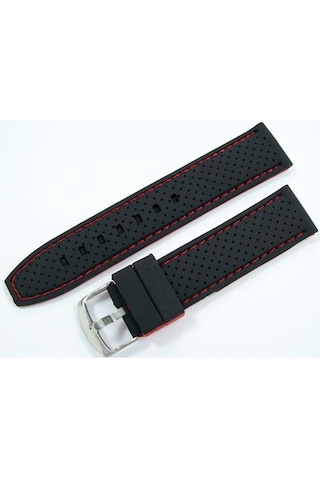 22Mm Kırmızı Dikişli Siyah Kauçuk Silikon Spor Saat Kordonu Kayış