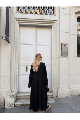 Bonacosa Kadın Viskon 3 Lü Takım Kimono + Beli Lastikli Salaş Pantolon + Kısa Kol Tshirt 8 Renk Siyah