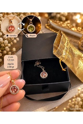 Zultanit Kolye Renk Değiştiren Sultanit Gold Renk Çelik Zincir Kutulu Keseli Çok Renkli