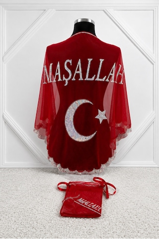 Azra Kına Kırmızı Ayyıldızlı Maşallah Pullu Örtü, Sünnet, Mevlid Töreni, Sünnet Omuz Örtüsü Sünnet Şalı, Kına Örtüsü