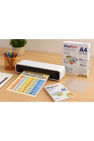 Laminasyon Makinesi + Mapilam 125 Micron A4 Laminasyon Filmi 100 Lü Parlak