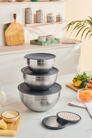 Karaca Kaia 9 Parça Rende Kapaklı Karıştırma Ve Saklama Seti Çelik Gümüş