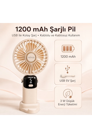 Mkio Şarjlı El Vantilatörü 5 Kademeli, Katlanabilir Dijital Ekranlı Mini El Fanı, 1200 Mah, 5 Pervaneli Güçlü Hava Akışı, Standlı Masaüstü Fan, Usb Şarjlı - Krem Renk