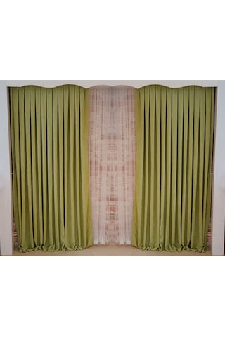 Fıstık Yeşili Renk Fon Kadife Perde Çift Kanat 1/3 Sık Pileli Dikim V-19 Fıstık Yeşili