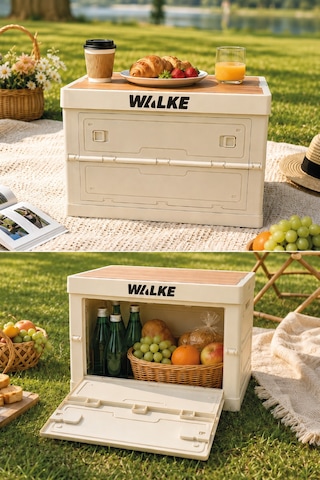 Walke Campbox Katlanabilir Kamp Masası Ve Saklama Kutusu 50x38 Cm Ahşap Kapaklı Bej