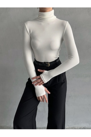 Kadın Parmak Detaylı Balıkçı Yaka Soft Bluz Ekru