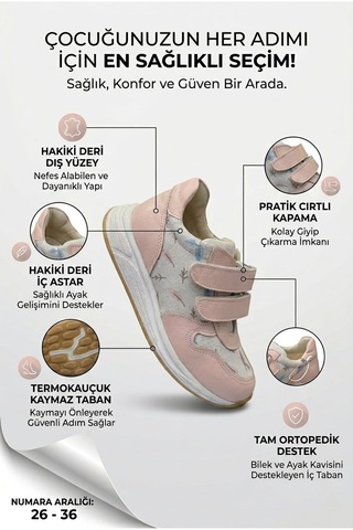Perlina Tam Ortopedik İç Dış Hakiki Deri Kız Çocuk Ayakkabı Pembe