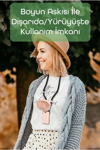 Lcd Ekranlı Şarjlı El Fanı Mini Vantilatör 5 Kademe Sessiz Boyun Askılı Pembe Fan