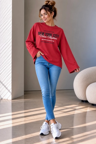 Bb Butik Basic Kadın Baskılı Bol Kollu Oversize İnce Sweatshirt Trend Model Mu3535 Kırmızı