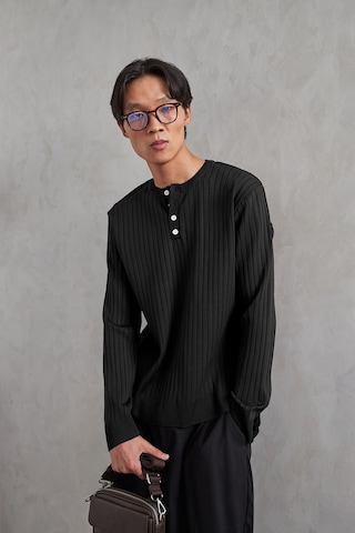 Erkek Fitilli Henley Yaka Düğmeli Triko Kazak Siyah