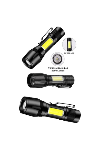 Ultra Güçlü 600 Lumens +3w Cob Led Usb Şarjlı El Feneri Kutulu Kamp Feneri Avcılık Feneri Siyah