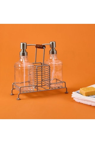 Arow Bland 2'li Metal Stantlı Cam Sıvı Sabunluk - Şeffaf / Gri - 200 Ml Şeffaf / Gri