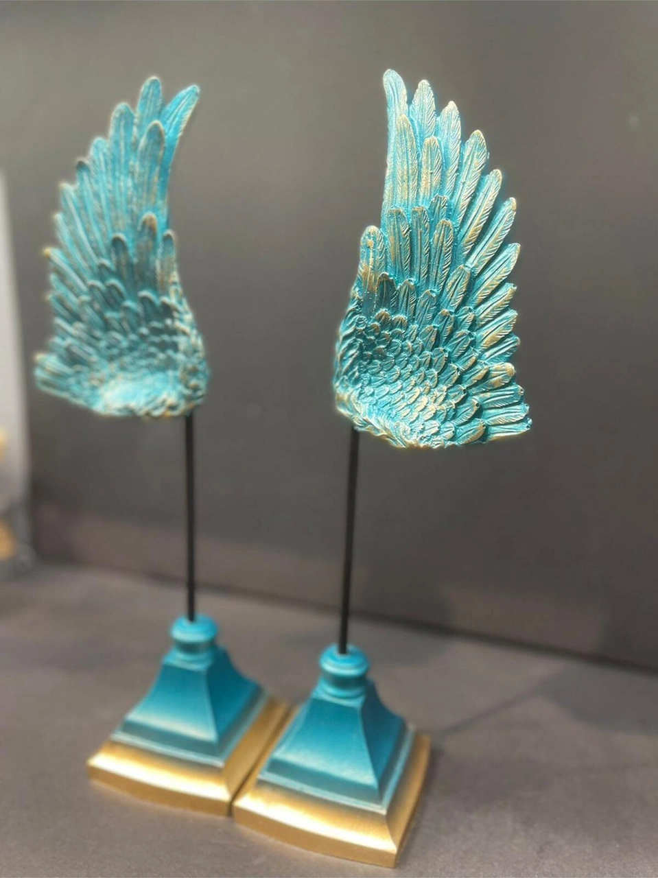 Dekoratif Polyester Ikili Melek Kanatları Biblo Turkuaz Gold Eskitme