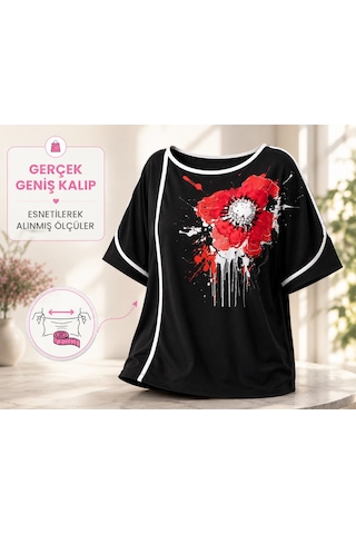 Büyük Beden Bisiklet Yaka Gül Motif Baskılı Taşlı Kadın Bluz Siyah