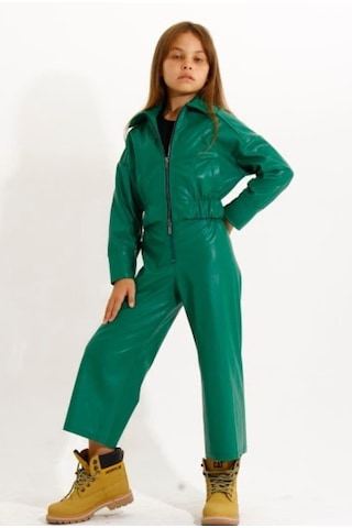 Kız Çocuk Fermuarlı Deri Mont-11210-yeşil