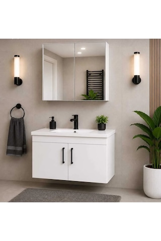 Modern Luna 65 cm Beyaz MDF Banyo Dolabı Takımı Aynalı Üst Modül ve Seramik Lavabolu