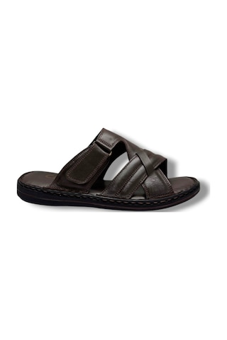 Cakgo 143-26 Hakiki Deri Ultra Soft Çapraz Bant Cırtlı Anatomik Erkek Terlik 40-47 Kahverengi
