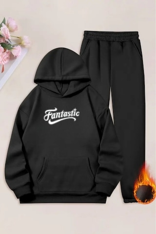 Unisex Siyah Fantastic Baskılı Eşofman Kapüşon- Kışlık Şardonlu Kumaş Siyah