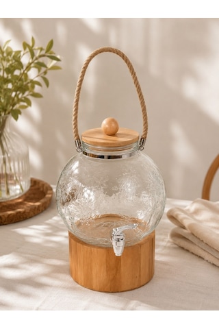 Qerhome Ahşap Kapaklı Halatlı Musluklu Karteneli Desenli Şeffaf Cam Sebil Lohusa Şerbetlik 5 Litre