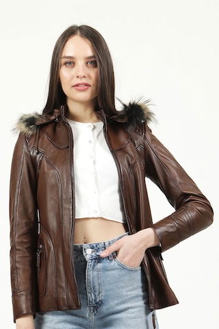 Dericlub Mistral Kadın Kapüşonlu Hakiki Deri Kaban Camel Antik Camel Antik Camel