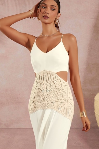 Fashion Cocktail Dantel Pencere Dekolte Bel Askılı Diz Altı Sırt Korseli Korse Keten Askılı Yazlık Elbise Bej