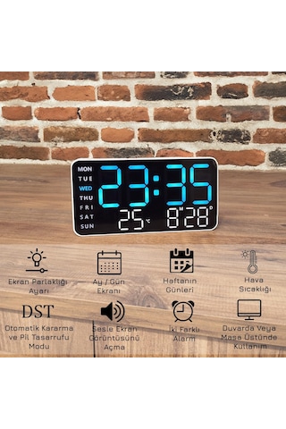 Hd Led Ekranlı Pilli Adaptörlü 2 Alarmlı Sıcaklık Tarih Göstergeli Mavi Beyaz Fonksiyonel Duvar Masa Saati Beyaz