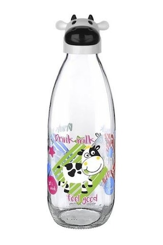 İnek Tasarımlı Sevimli Cam Suluk - Süt Şişesi 1000 Ml Beyaz