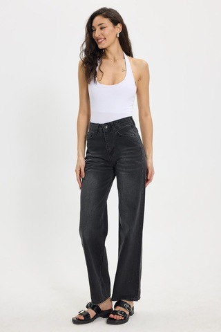 Tudors Kadın Relax Fit Rahat Kesim %100 Pamuk Cepli Geniş Paça Siyah Jean Kot Pantolon-50732