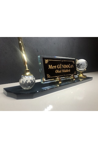 Cam Masa İsimliği Masaüstü Kişiye Özel Füme Gold Yazı Seti