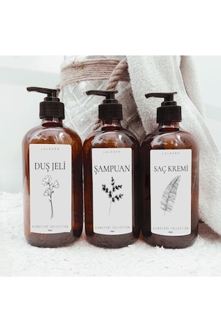 Lalezen Home 3lü Amber Cam Şişe Çiçekli Dusset Set 500ml Duş Jeli- Şampuan - Saç Kremi