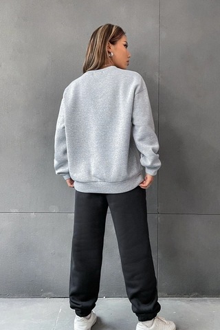 1898 Brooklyn Eşofman Takımı Sweatshirt Jogger - Gri Siyah Baskılı Oversize Şardonlu Bisiklet Yaka Gri