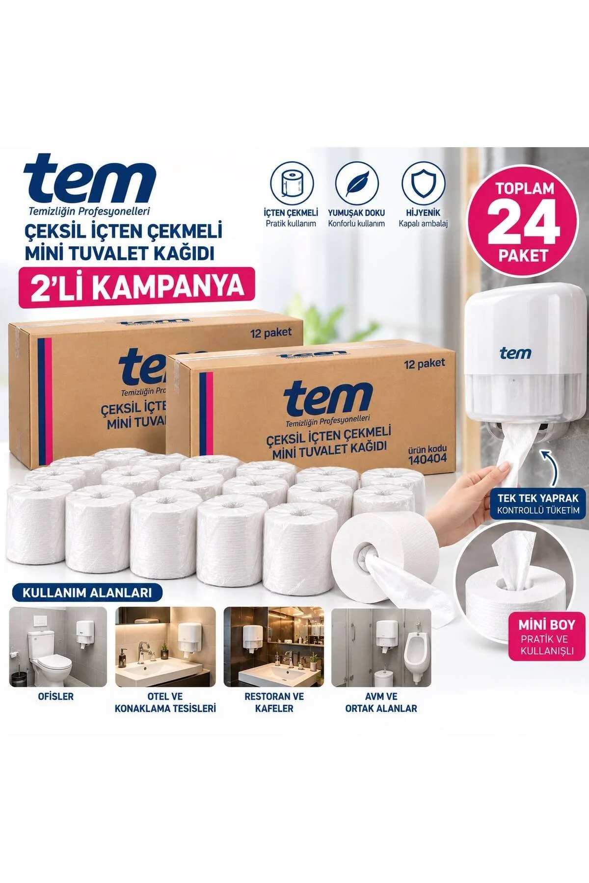 Tem İçten Çekmeli Mini Cimri Tuvalet Kağıdı 2x12
