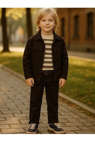 Zekids Erkek Çocuk Kemerli Gabardin Pantolon-16347 Kahverengi