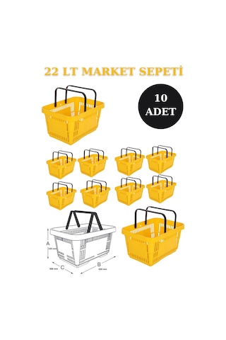 10 adet 22Litre Market ve Alışveriş Sepeti, Saplı Market Sepeti S