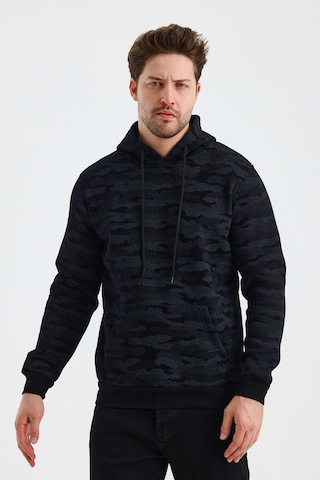 Monox Erkek Kapşonlu Kamuflaj Baskılı 3 İplik Sweatshirt Siyah
