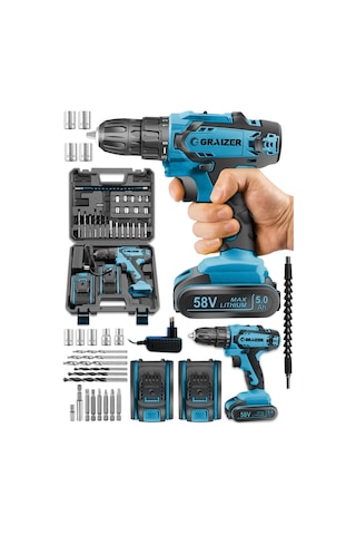 Graizer GTX-58 58V 5Ah Li-ion Çift Akülü Darbeli Vidalama Matkap Mavi + 27 Parça Set