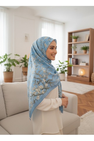Eyfel Pamuklu Soft Özel Seri Şal Etnik & Çiçekli Desen, Orjinal, Tesettür Giyim, Yeni Koleksiyon Mavi
